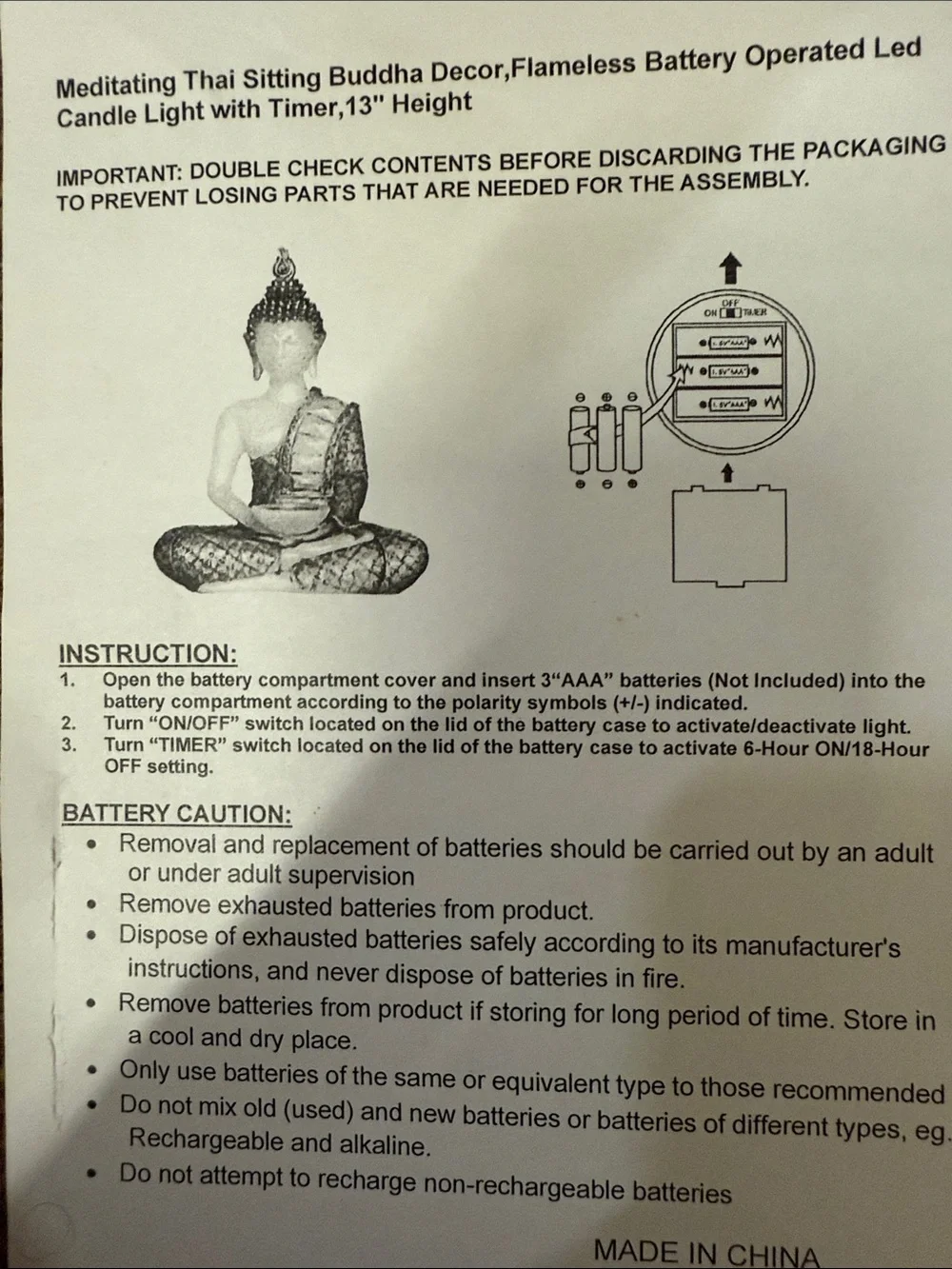 Meditating Thai Sitting Buddha, Flameles Battery Operated LED Candle w/timer 13”